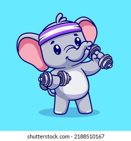 Cute Elephant Lifting Dumbbell Cartoon Vector Icon Illustration. Animal Sport Icon Concept Isolated Premium Vector. Flat Cartoon Style