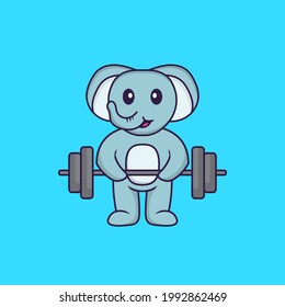Cute elephant lifts the barbell. Animal cartoon concept isolated. Can used for t-shirt, greeting card, invitation card or mascot.