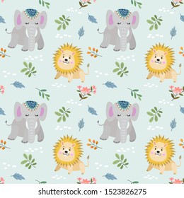 Cute elephant and lion seamless pattern.