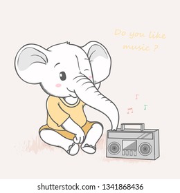 Cute elephant listening music from Cassette player cartoon hand drawn vecter illustration. Use for Happy birthday invitation card, T-shirt print, baby shower.
