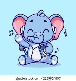 Cute Elephant Listening Music With Earphone Cartoon Vector Icon Illustration. Animal Music Icon Concept Isolated Premium Vector. Flat Cartoon Style