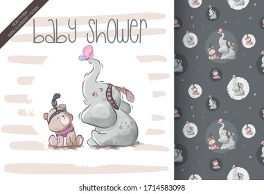Cute elephant with little bear illustration for kids