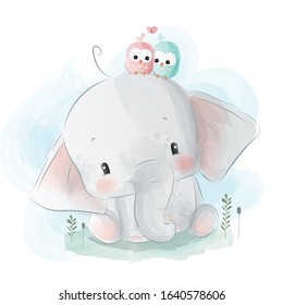 Cute Elephant With Little Birdies On His Head