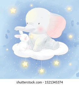 Cute elephant with little bunny sitting in the cloud