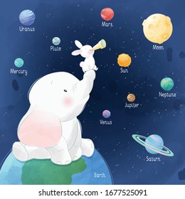 Cute elephant and little bunny watching the planets