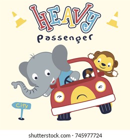 Cute elephant with little monkey on car, cartoon vector illustration