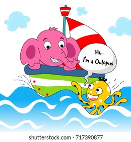 cute elephant and little octopus meet in the ocean
