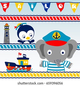 Cute elephant with little penguin in sailor costume, sailing elements, vector cartoon illustration