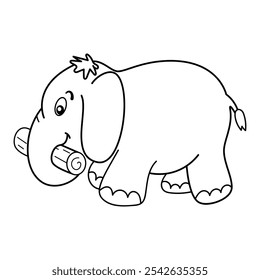 Cute elephant with a log. This black-and-white vector image shows an adorable cartoon elephant in a playful, friendly style. It’s holding a small log in its trunk.