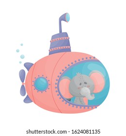 Cute Elephant Looking Out of Submarine Window Vector Illustration