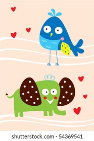 cute elephant love bird