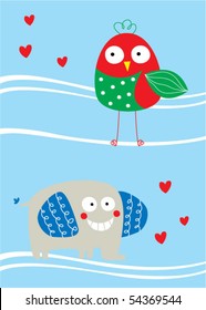 cute elephant love bird