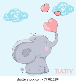 Cute elephant love cartoon hand drawn vector illustration. Can be used for printing t-shirt baby print designs fashion, kids wear, Valentine's celebrations baby shower and Valentine's day