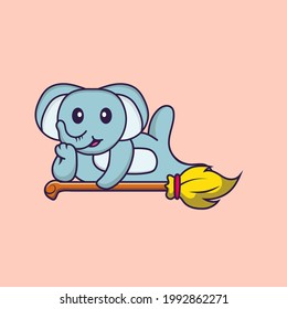 Cute elephant lying on Magic Broom. Animal cartoon concept isolated. Can used for t-shirt, greeting card, invitation card or mascot.
