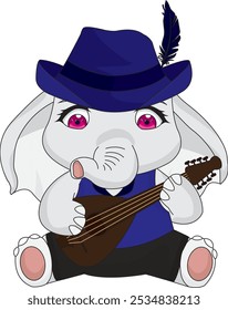 Elefante bonito com mascote de personagem de chibi do vetor do músico de Mandolin