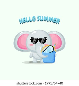 Cute elephant mascot carrying a bucket with summer greetings