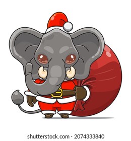 cute elephant mascot, carrying red bundle bag and wearing santa claus costume, cute animal character wearing christmas costume, front view. kawaii and shiny style, perfect for christmas content