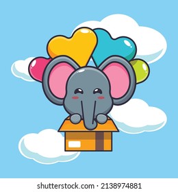 cute elephant mascot cartoon character fly with balloon