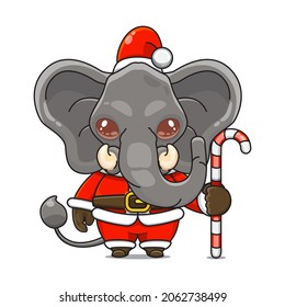 Cute and cute elephant mascot, holding candy cane, wearing santa claus costume, cartoon animal character with sparkling eyes, front view. kawaii styles, flats, for kids and adults, for stickers. 