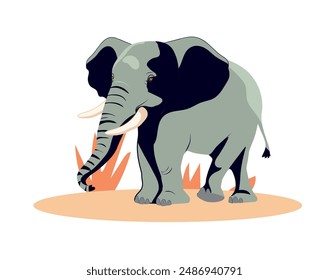 Cute elephant mascot walking in tropical rainforest icon isolated.