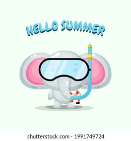 Cute elephant mascot wearing diving gear with summer greetings