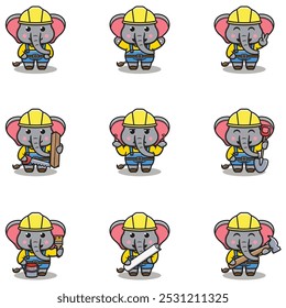 Cute Elephant mascot works in construction. Cute Elephant builder cartoon. Animal builders.