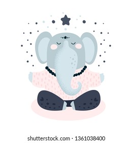 Cute elephant meditation. Flat hand drawn illustration. Animal yoga cartoon character. Fitness exercise, meditation,  gym, pilates, yoga classes isolated design element. Card, poster, print, textile