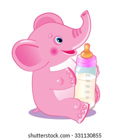 Cute Elephant. Elephant With Milk Bottle. Welcome Baby Girl. Vector Illustration. Cute Elephant Baby. Cute Elephant Playing. Cute Elephant Drawing. Cute Elephant Costume. Cute Elephant Plush Toy.