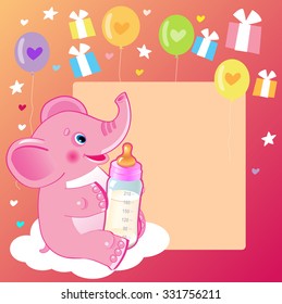 Cute Elephant With Milk Bottle. Welcome Baby Girl Card. Vector Illustration. Cute Elephant Drawing. Happy Birthday. Cute Elephant Baby Eating. Cute Elephant Baby. Cute Elephant Template.