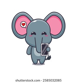 Cute elephant with mobile phone cartoon vector illustration. vector cartoon illustration suitable for poster, brochure, web, mascot, sticker, logo and icon.