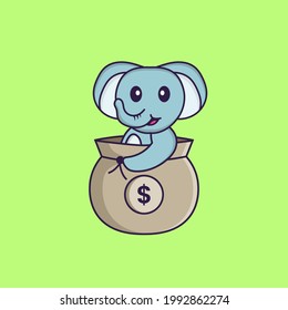 Cute elephant in a money bag. Animal cartoon concept isolated. Can used for t-shirt, greeting card, invitation card or mascot.