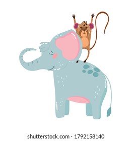 cute elephant monkey nature wild cartoon isolated icon design vector illustration