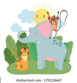 cute elephant monkey and tiger grass bushes nature wild cartoon vector illustration