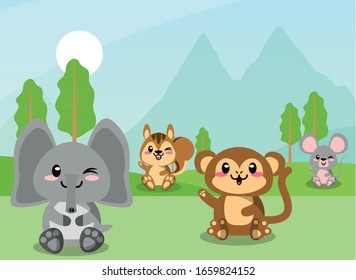 cute elephant with monkey wild animals vector illustration design