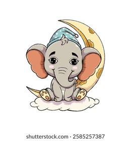 Cute Elephant with Moon and Cloud Water Color