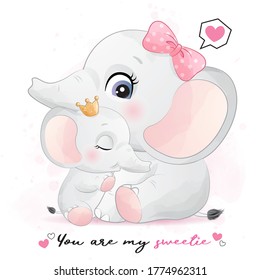 Cute elephant mother and baby illustration