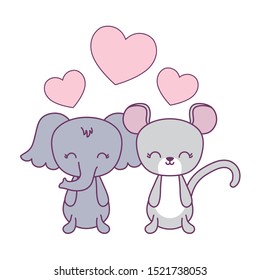 cute elephant with mouse and hearts vector illustration design
