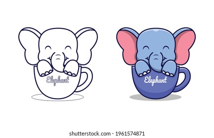 Cute elephant in mug cartoon coloring pages for kids