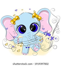 Cute elephant musician of blue color. The beautiful animal is made in a kawaii style with bright colors, the elephant is very funny and cheerful. The baby elephant has beautiful yellow bows on its hea