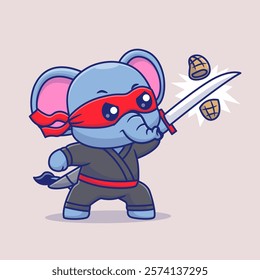 Cute Elephant Ninja Slash Peanut With Katana Sword Cartoon 
Vector Icon Illustration. Animal Holiday Icon Concept Isolated 
Premium Vector. Flat Cartoon Style 