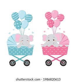 Cute elephant on baby carriage with balloons. Baby gender reveal boy or girl clip art. Flat vector cartoon