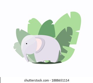 Cute elephant on the background of green leaves. Children's illustration