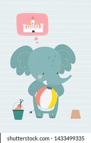 Cute elephant on the beach. Vector illustration in a scandinavian style. Funny poster.