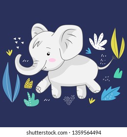 Cute elephant on a blue background surrounded by tropical leaves. Vector design.