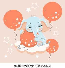 Cute elephant on cloud concept. Baby animal with balloons and stars. Design element for printing on children clothes and decorating walls. Cartoon flat vector illustration isolated on pink background