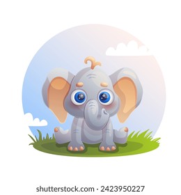 Cute elephant on grass. Vector illustration.