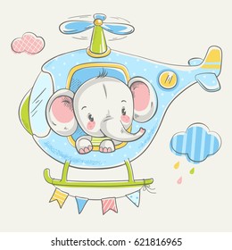 Cute elephant on a helicopter cartoon hand drawn vector illustration. Can be used for t-shirt print, kids wear fashion design, baby shower invitation card.