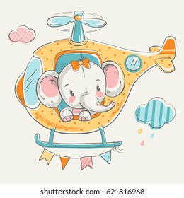 Cute elephant on a helicopter cartoon hand drawn vector illustration. Can be used for t-shirt print, kids wear fashion design, baby shower invitation card.