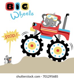 Cute elephant on monster truck with little mouse on ground, vector cartoon illustration