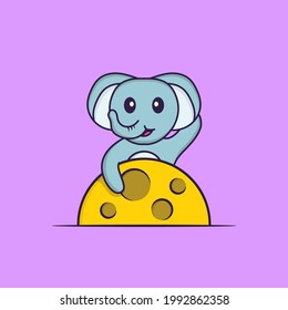 Cute elephant is on the moon. Animal cartoon concept isolated. Can used for t-shirt, greeting card, invitation card or mascot.